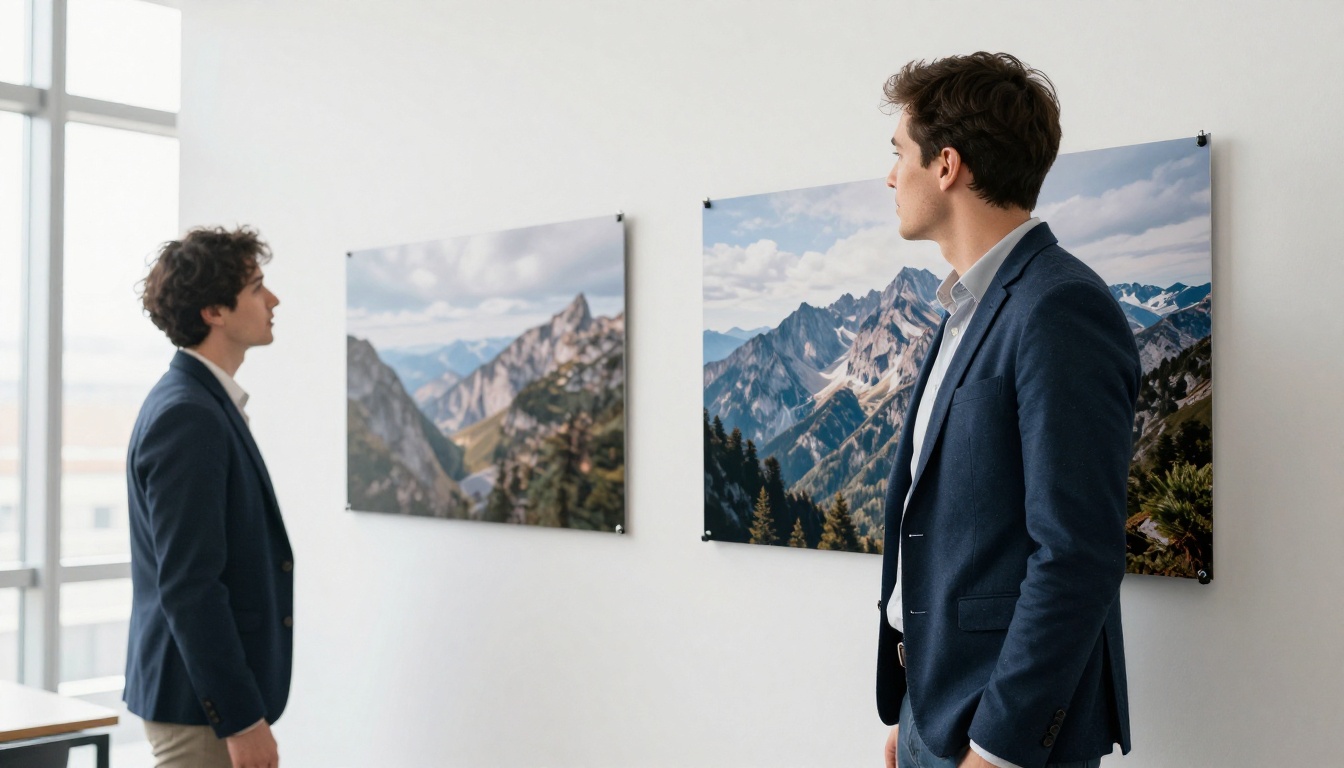 Creative professional comparing two large AI-generated landscape prints mounted side by side on a gallery wall