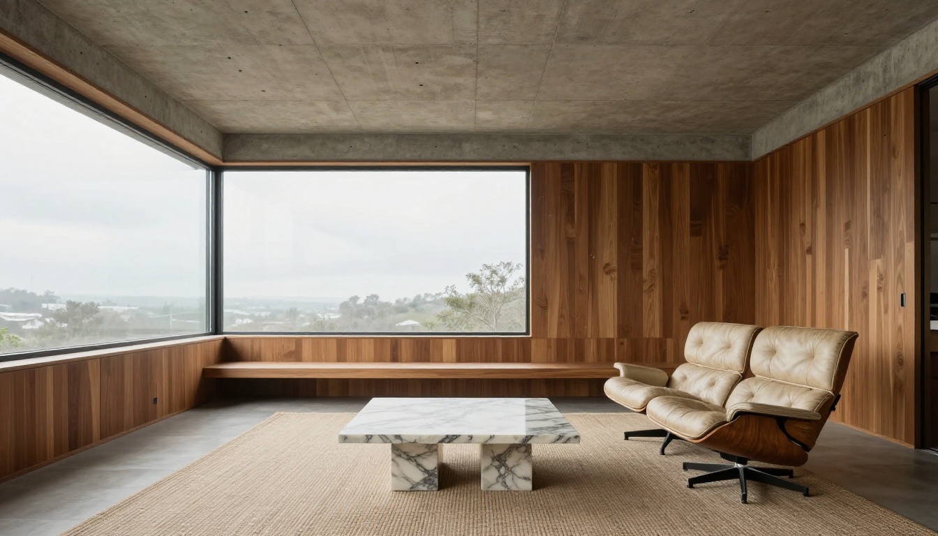 Mid-century modern interior with photorealistic concrete ceiling texture, leather patina, teak wood grain, and natural diffused daylight