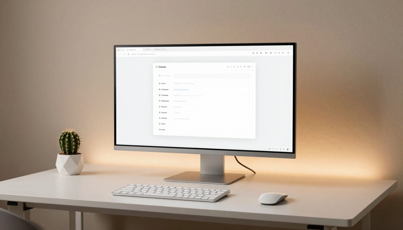 Ultra-minimal desk with large monitor showing clean AI chat interface