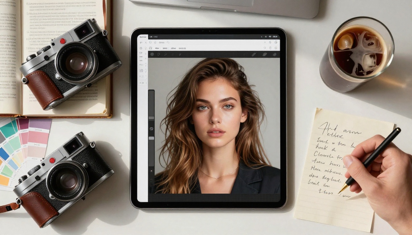 Creative director's desk overhead flat-lay with tablet showing AI portrait, Leica camera, Pantone swatches, and reference books