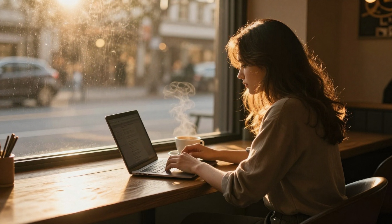 Young woman at cafe window table with laptop in warm golden hour sunlight