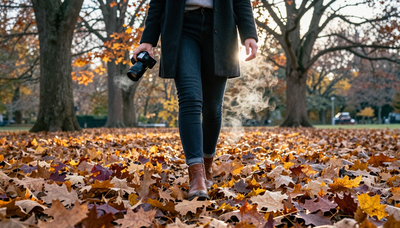 Low-angle autumn park portrait with razor-sharp foreground leaf detail and smooth optical depth falloff toward a soft bokeh background