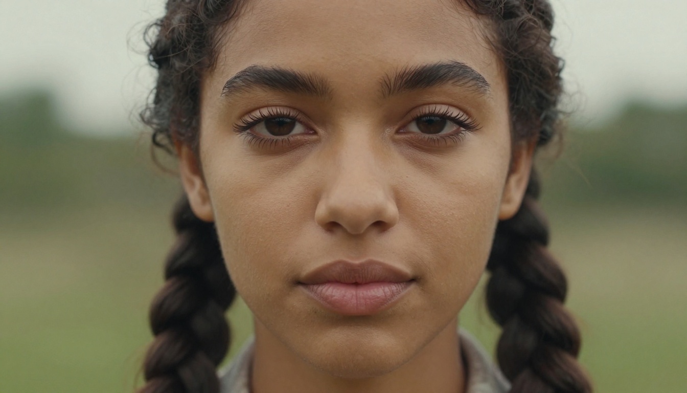 Close-up photorealistic portrait of a confident young woman with dark braided hair, warm skin tone, and soft outdoor diffused light