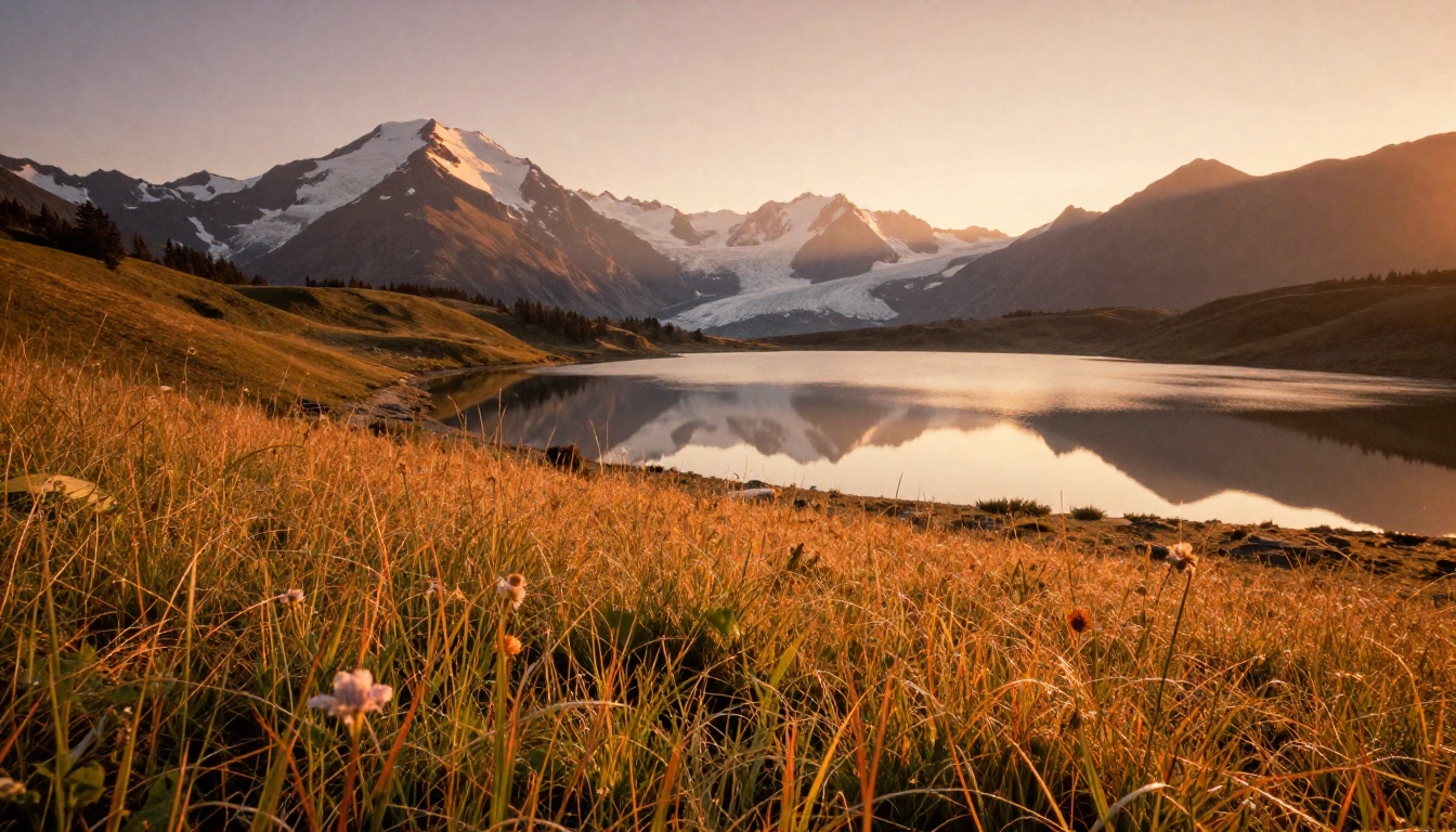 Sweeping golden-hour alpine landscape with glacial lake perfectly reflecting snow-capped mountain peaks and wildflowers in foreground
