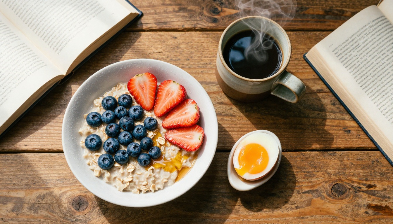 Overhead flat lay breakfast scene with realistic ceramic bowl condensation, food texture, honey viscosity, and warm morning directional shadows