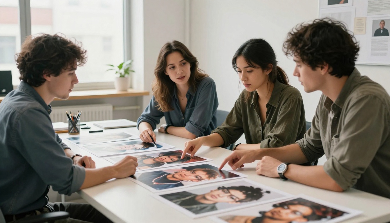 Two creative professionals at a design agency reviewing printed AI-generated photographs spread across a wide white desk