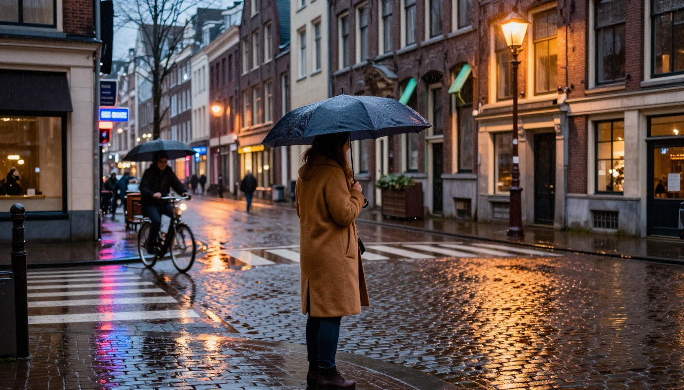 Rainy blue hour European street photography with wet cobblestone reflections, frozen rain droplets, motion blur, and atmospheric depth