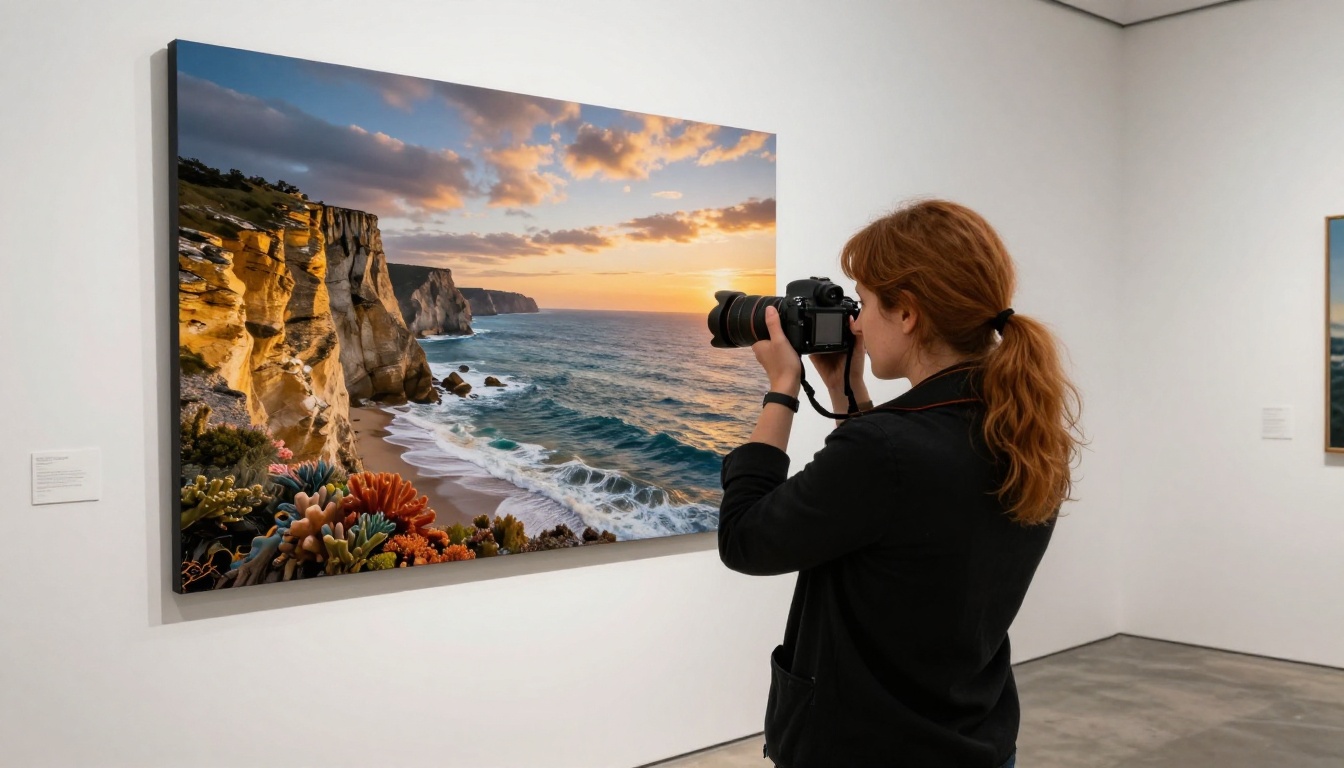 Professional woman photographer with DSLR camera photographing a large-format AI-generated coastal landscape print inside a modern gallery