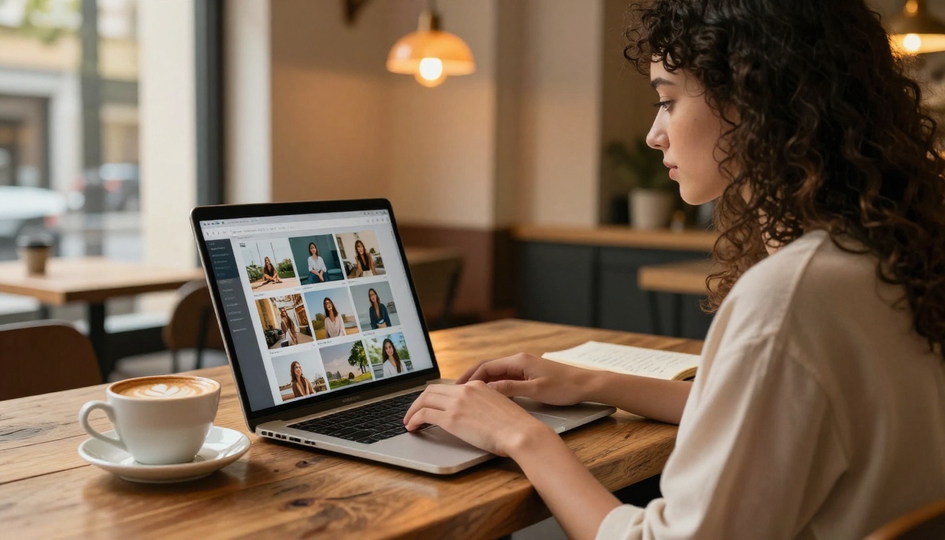 Young woman with dark curly hair working on laptop in a cozy coffee shop, studying an AI image generation interface showing a grid of photorealistic results