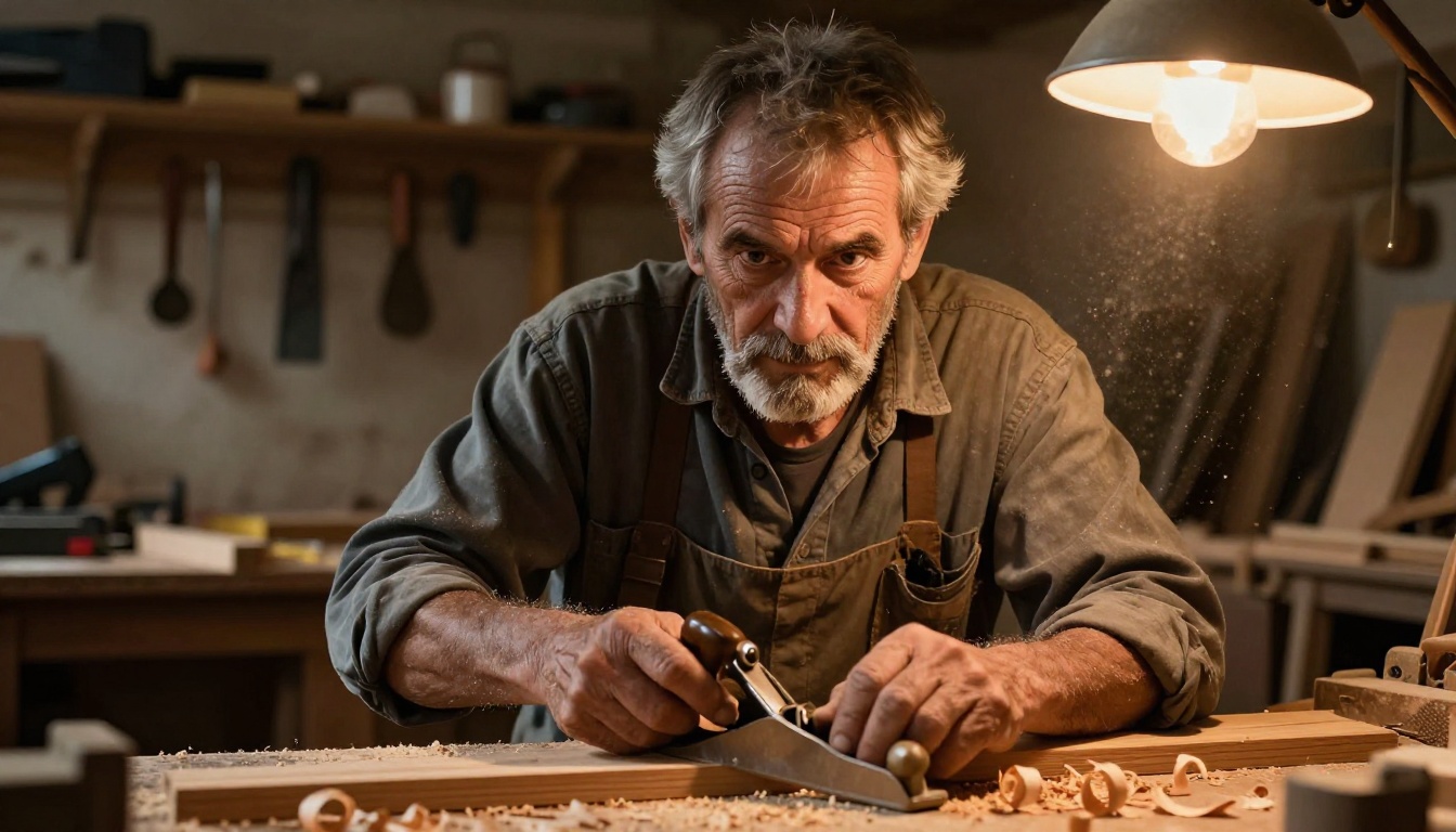 Environmental portrait of an aged craftsman in warm tungsten workshop light, calloused hands gripping a hand plane with visible wood shaving detail