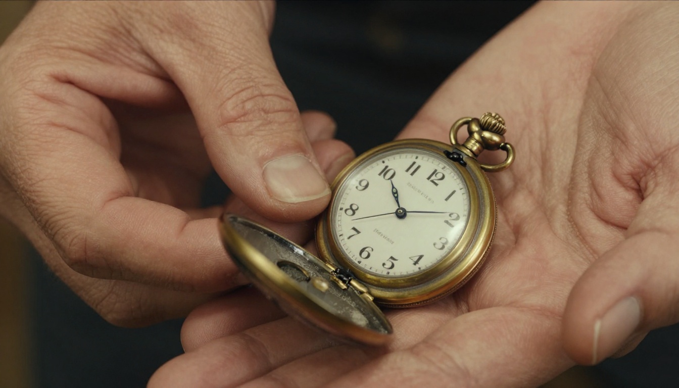 Macro close-up of aged hands holding a vintage pocket watch with visible skin wrinkling, vein structure, and detailed brass patina engraving