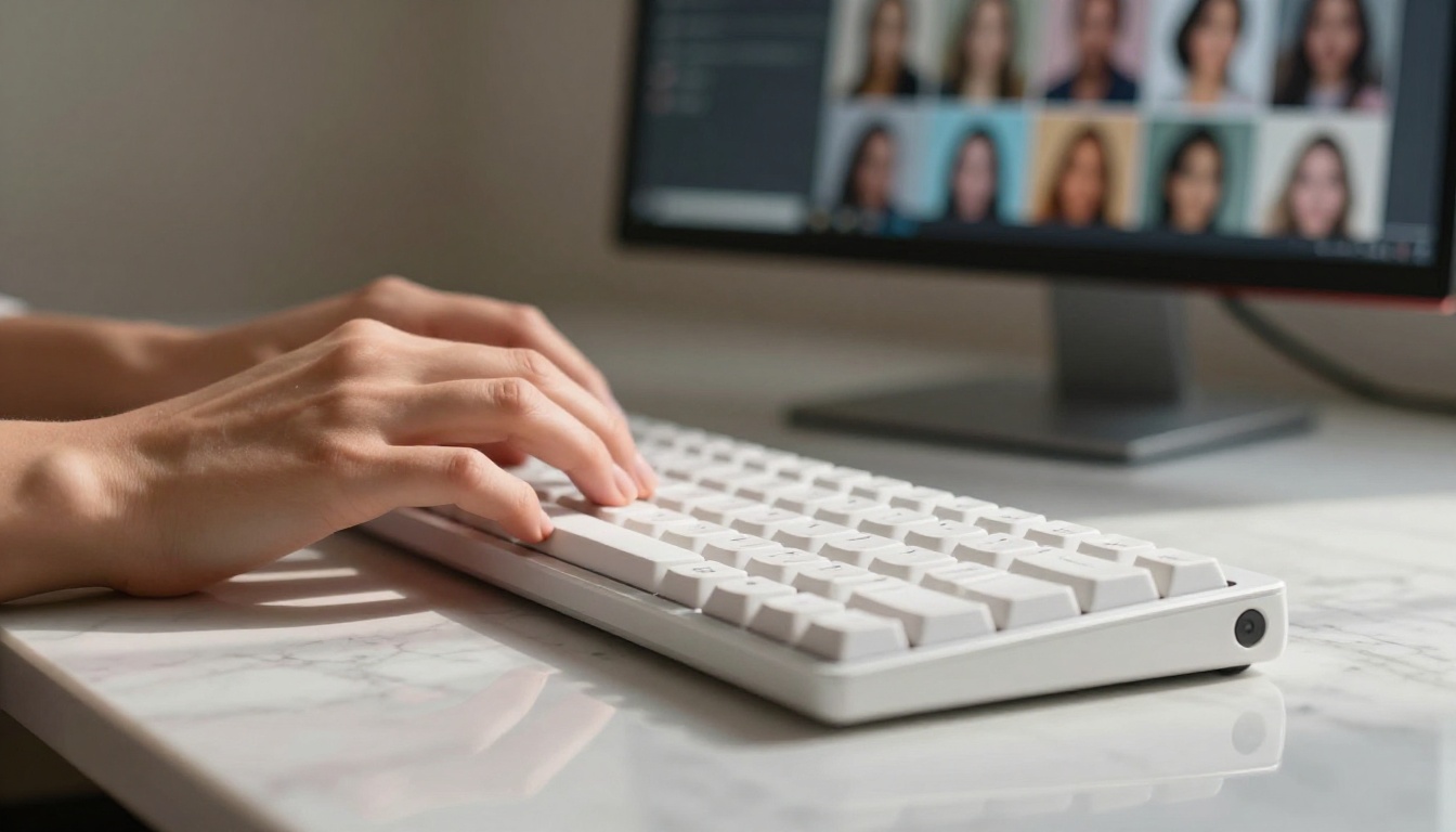 Close-up of hands typing on a minimalist keyboard with softly blurred AI image gallery on screen behind