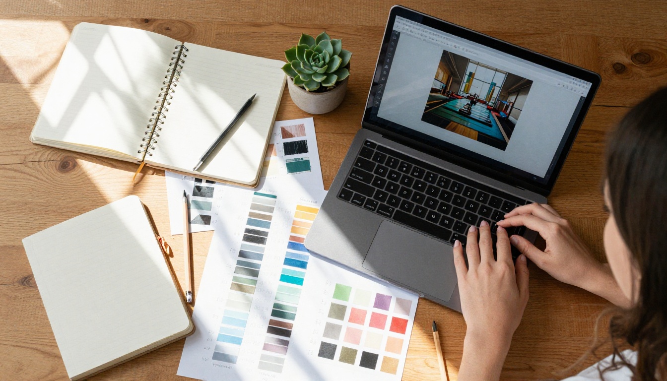 Aerial flat-lay overhead shot of a creative studio workspace with notebooks and laptop showing AI-generated images