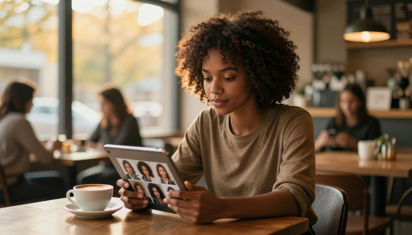 Young Black woman with natural curls sitting at a café table reviewing AI-generated images on a tablet