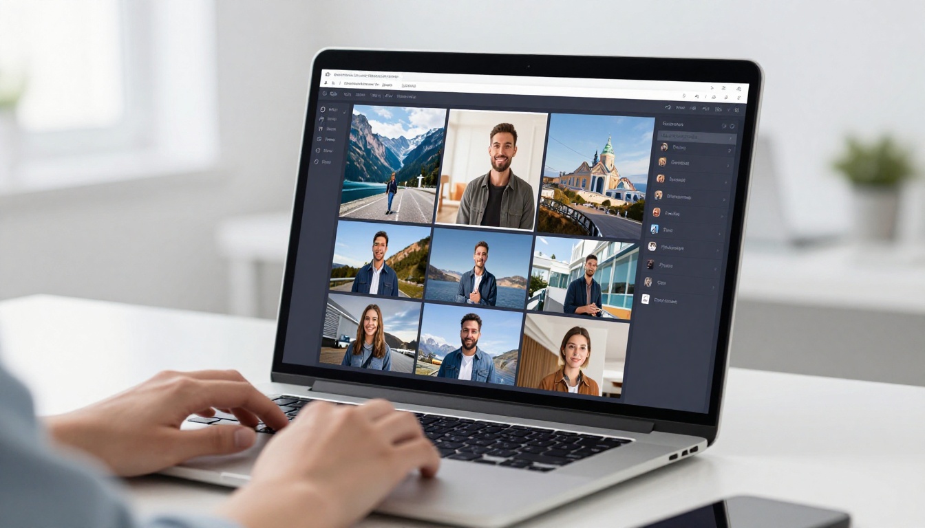 Side-angle view of an ultrawide laptop screen showing a professional AI-generated image gallery layout