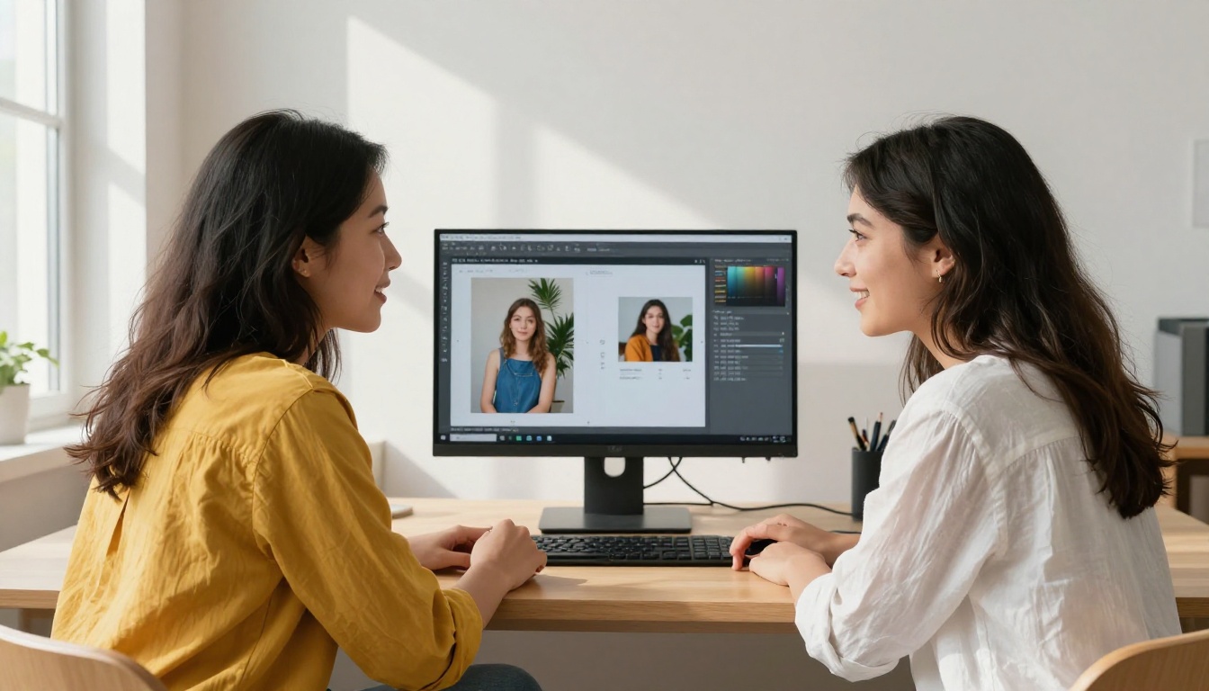 Two women seated side by side at a minimalist studio desk collaborating over AI image comparison results on screen