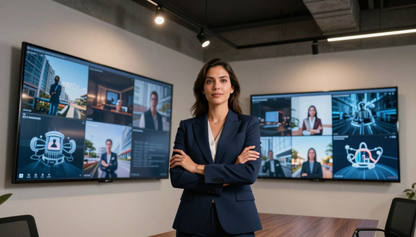 Confident woman in a tailored navy blazer standing before a large AI image display wall with arms folded