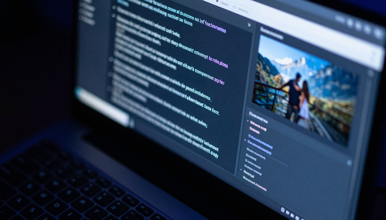 Extreme close-up of a computer monitor showing a text-to-image AI prompt interface with generated photorealistic image in side panel