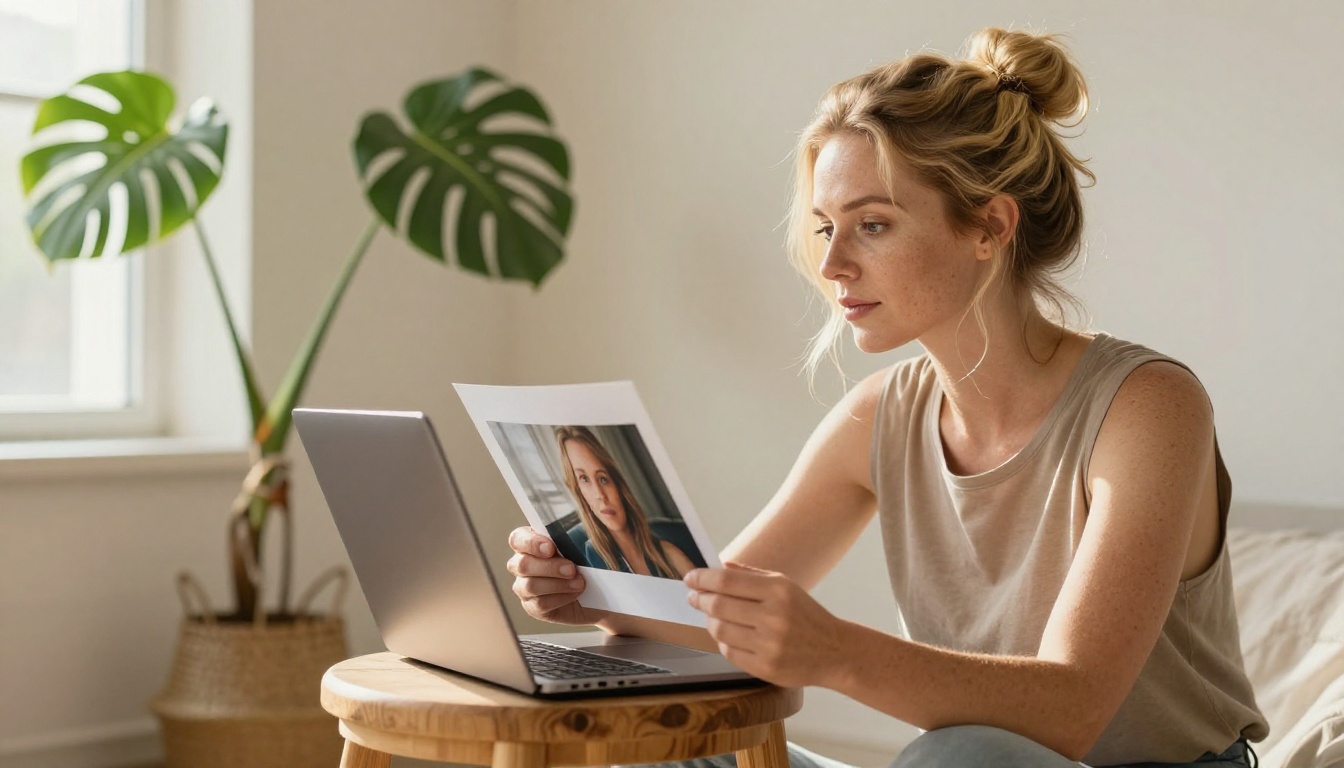 Natural blonde woman sitting in a minimalist bright studio holding a printed photograph while glancing at her open laptop