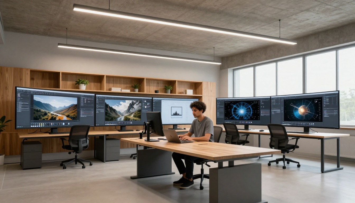 Wide modern tech studio interior with multiple curved monitors showing AI image generation interfaces and a developer at work