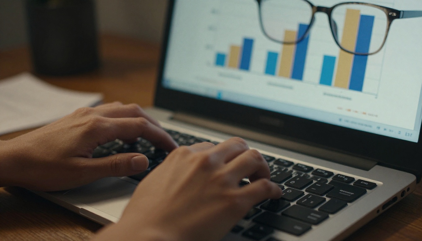 Performance benchmarks reflected in the glasses of a professional woman at a mechanical keyboard
