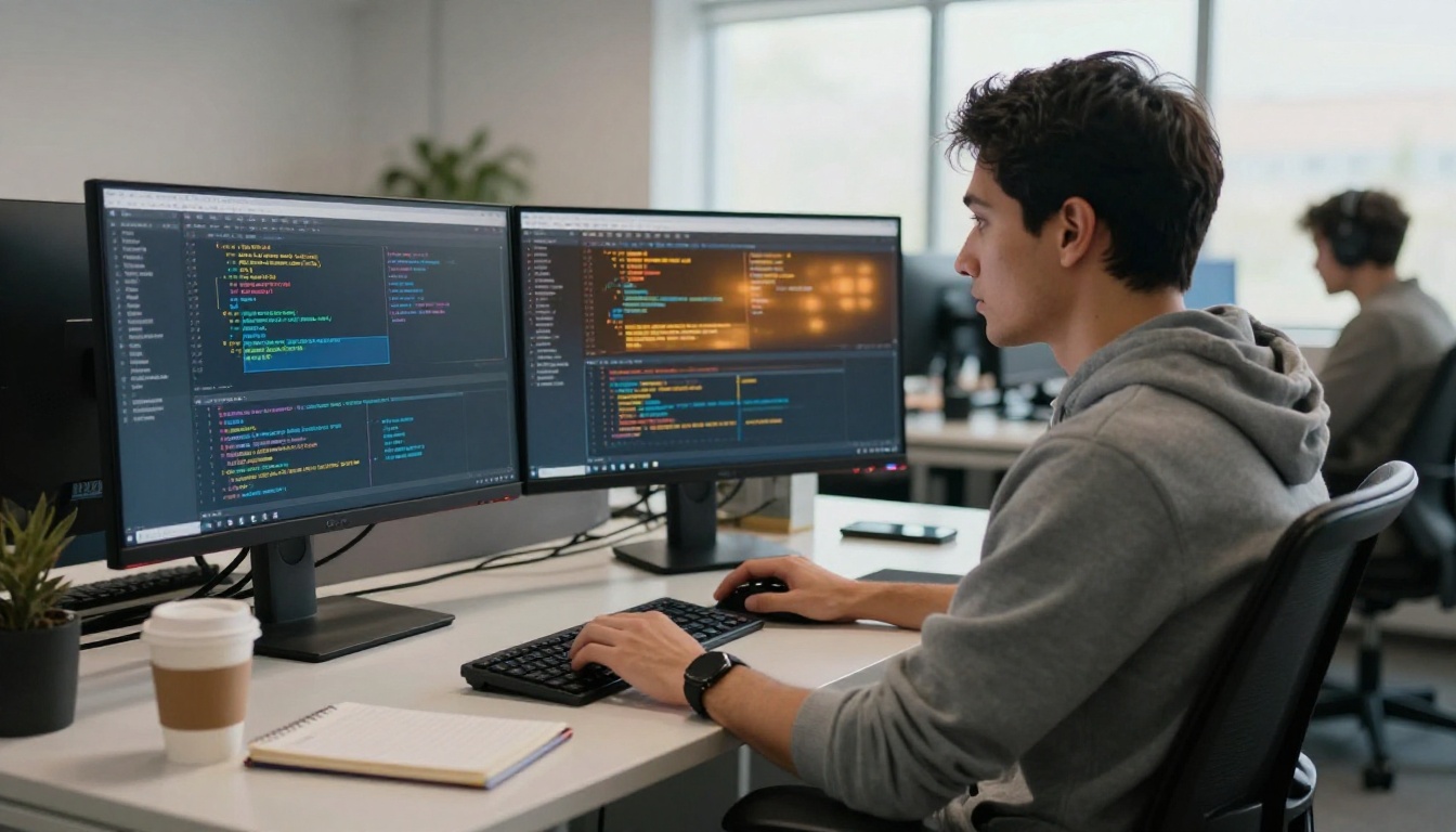 Software developer with two ultrawide monitors displaying code in contrasting color schemes