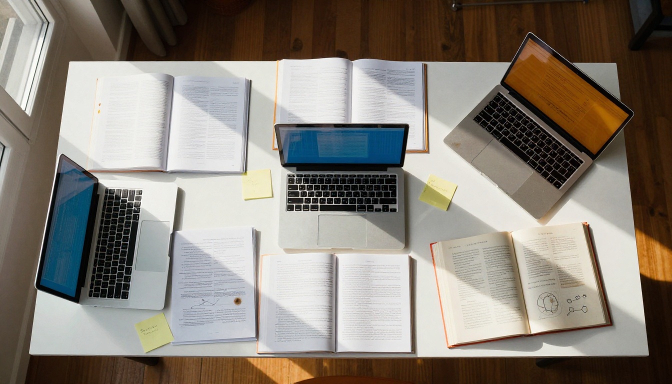 Aerial top-down view of a research desk with two laptops, papers, sticky notes, and coffee
