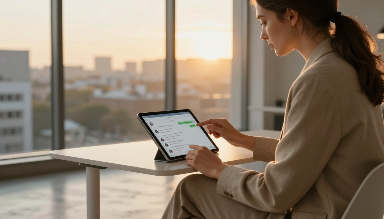 Woman at a minimalist standing desk holding a tablet showing an AI chat interface by floor-to-ceiling windows