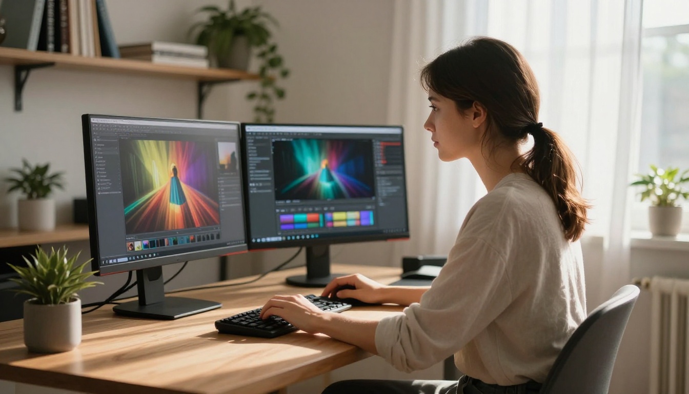 AI creator working at dual monitor setup comparing video models