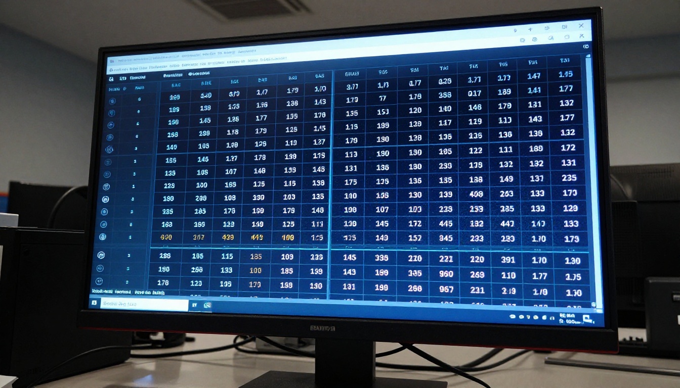 Low-angle view of a large monitor displaying AI model comparison metrics in a dim blue-lit office
