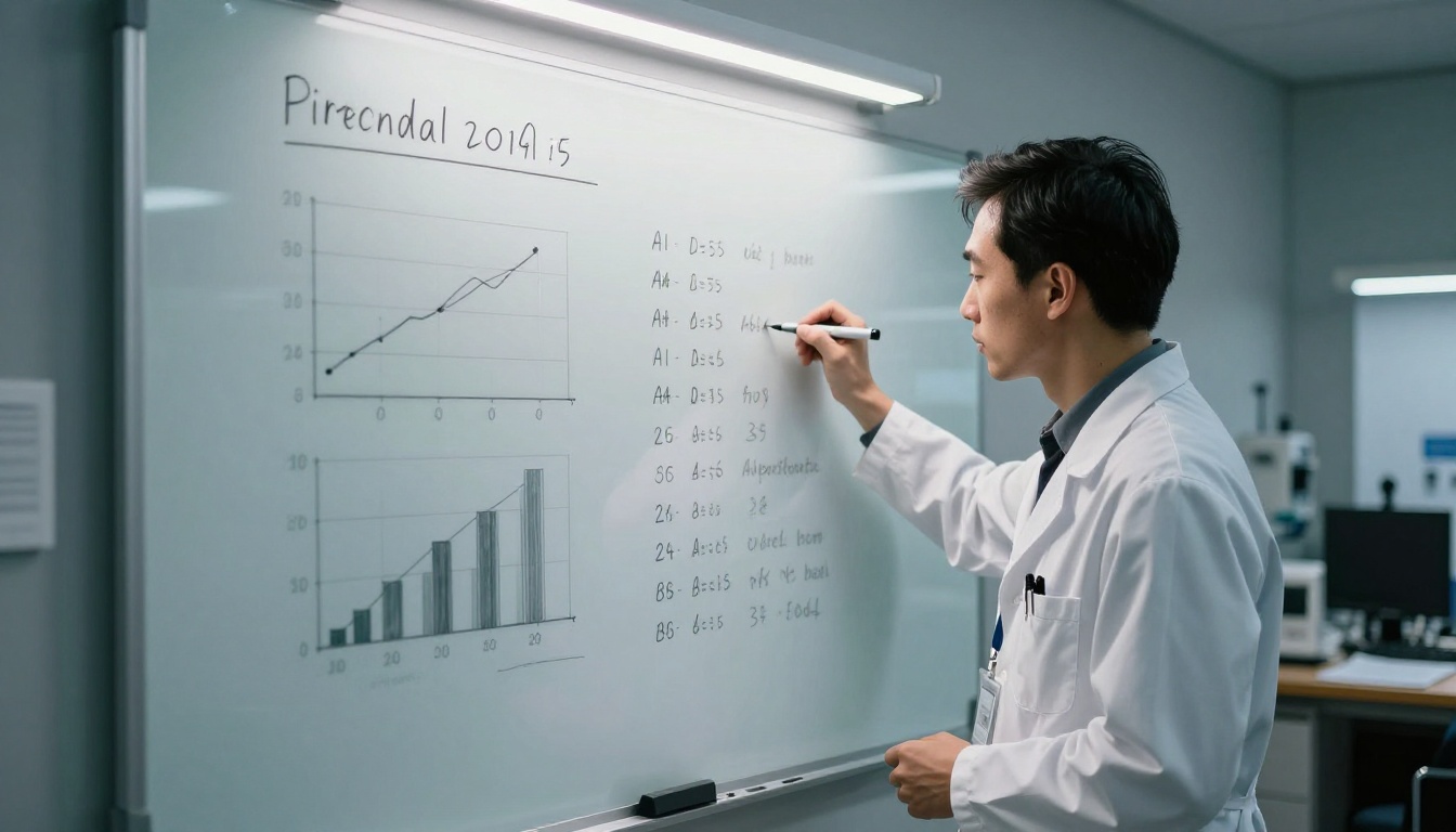 Benchmark scores being written on a research whiteboard in a precision lab