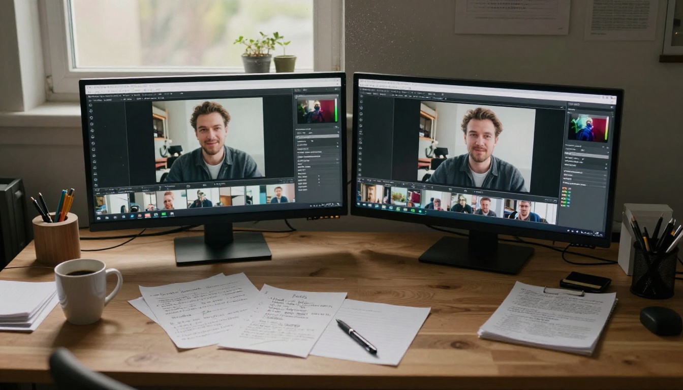 Overhead view of workspace with split-screen video comparison on monitor