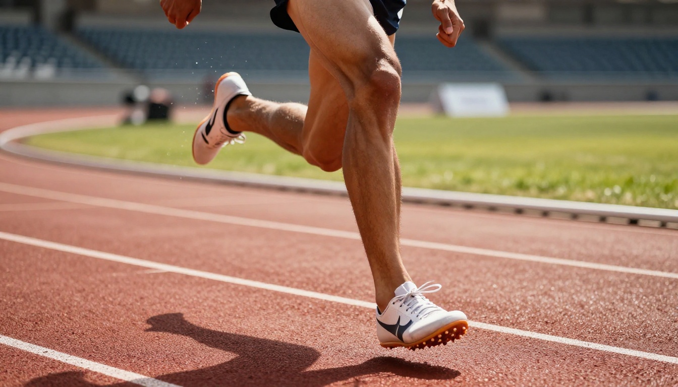 Professional sprinter in mid-stride with motion blur on a sunlit athletic track