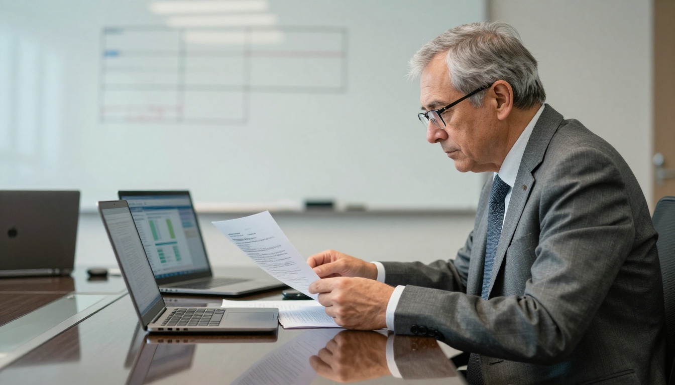 Senior executive reviewing printed documents at a glass conference table with two laptops showing charts