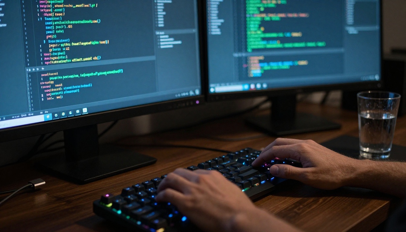 Software developer's hands on a mechanical keyboard with code on monitors behind