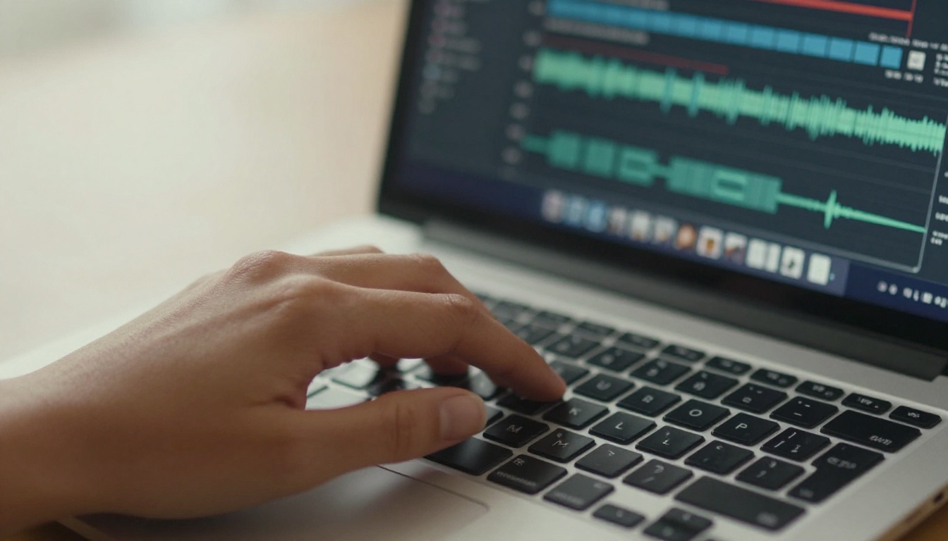 Close-up of hand on laptop working with video timeline interface
