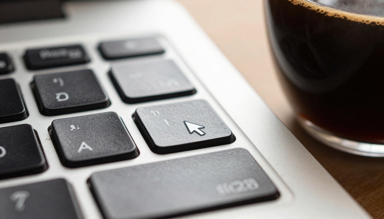 Extreme close-up macro of a laptop keyboard with a cup of black coffee beside it, cool morning window light