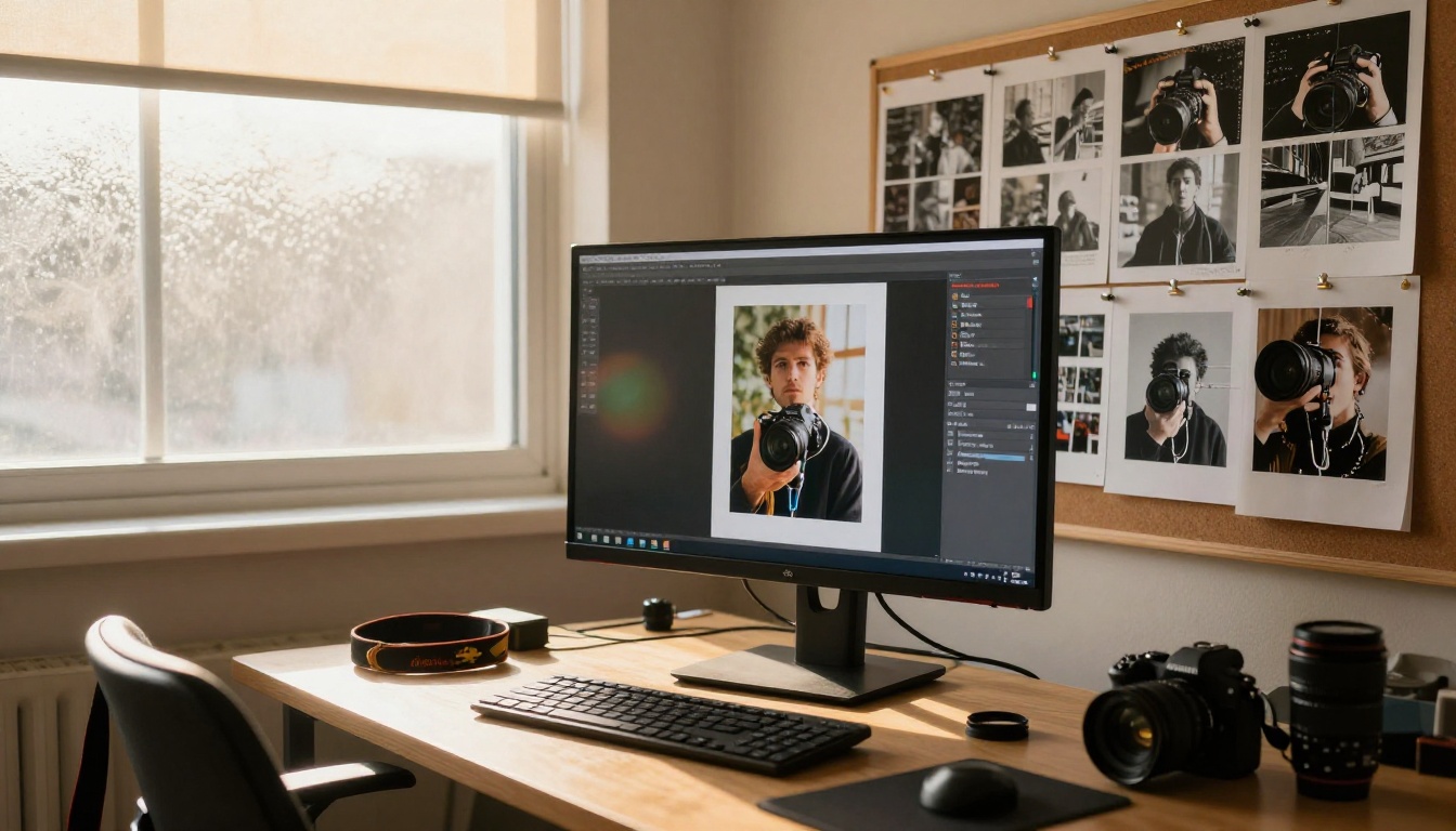Photographer reviewing AI visual processing results on a large studio monitor