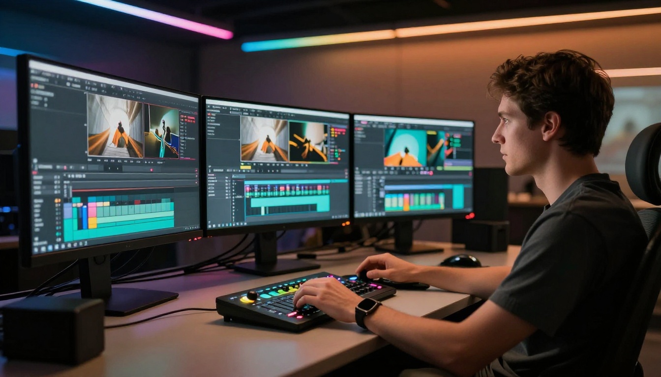 Video editor comparing AI video outputs at a professional workstation