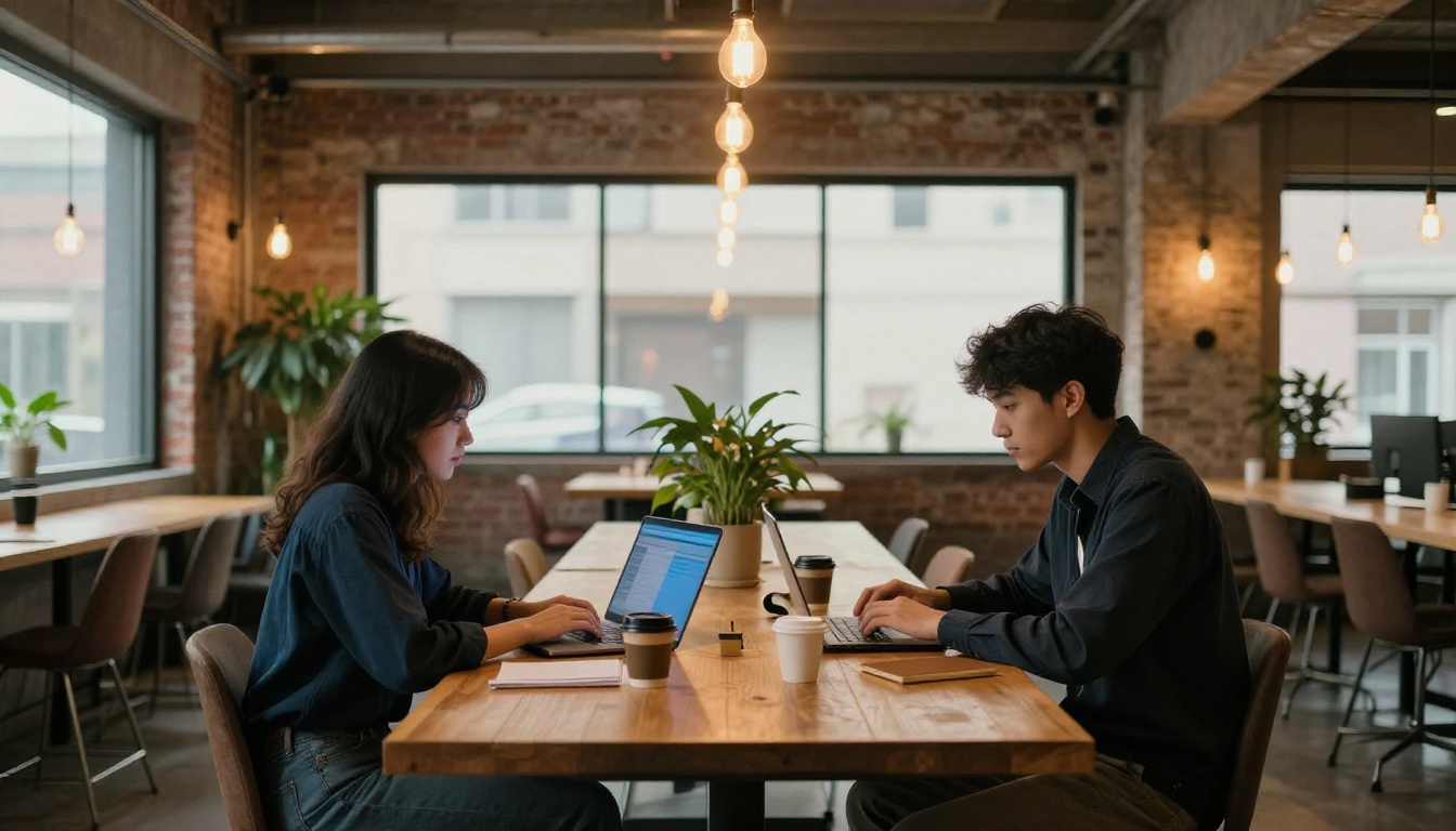 Two professionals working side by side at a wooden coworking table, each on their own laptop with different screen tints