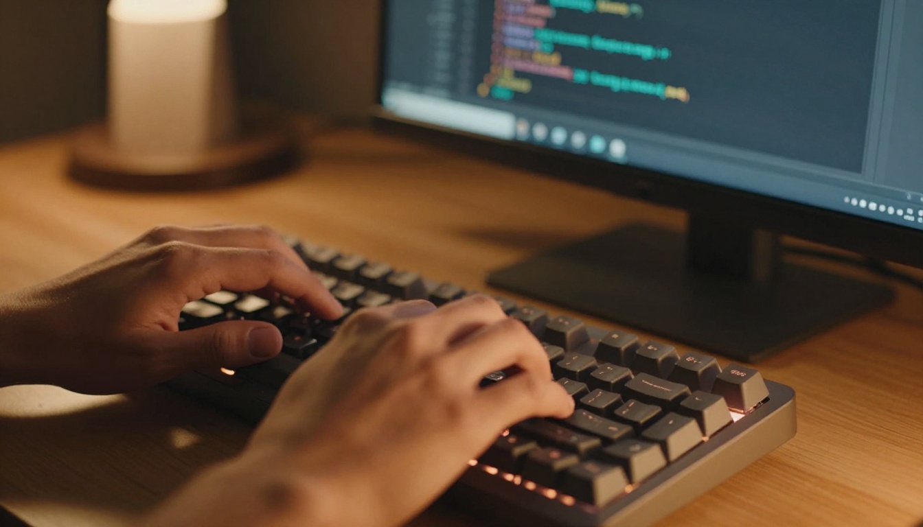 Developer typing code on mechanical keyboard with amber backlight
