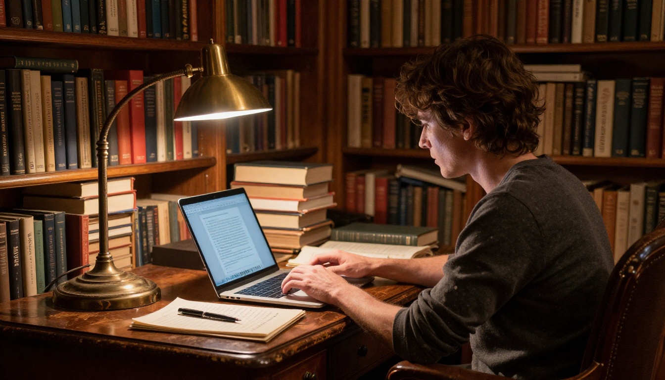 Writer typing on a laptop at a vintage wooden desk surrounded by bookshelves