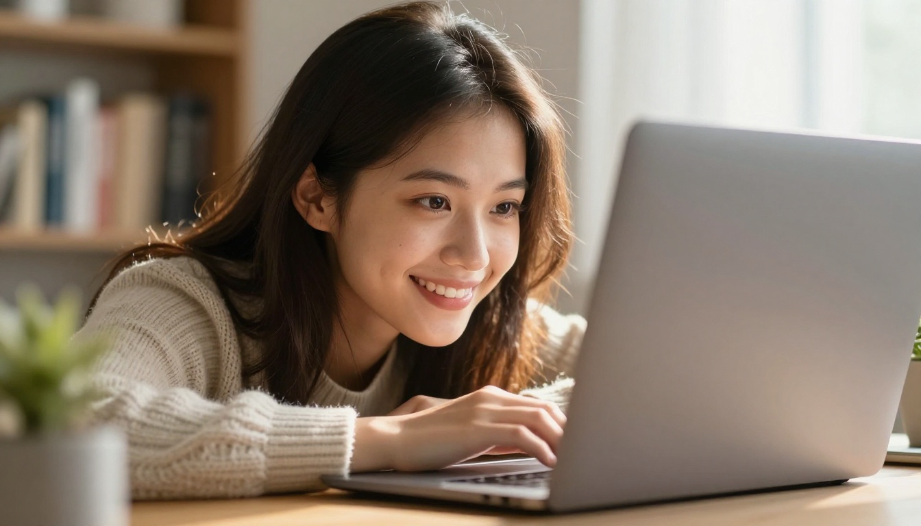 Young woman smiling at her laptop in a warm, plant-filled home office with morning light and bookshelves in background