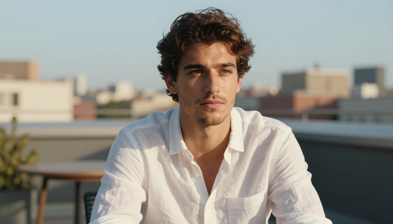 Portrait of confident young man on rooftop with natural backlighting