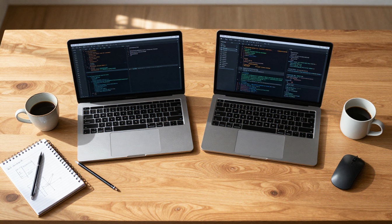 Two laptops side by side aerial view of programmer workspace