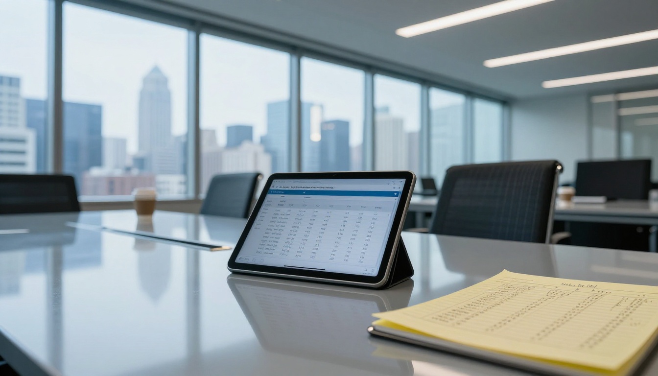 Business analyst reviewing API cost spreadsheets on a tablet in a glass meeting room