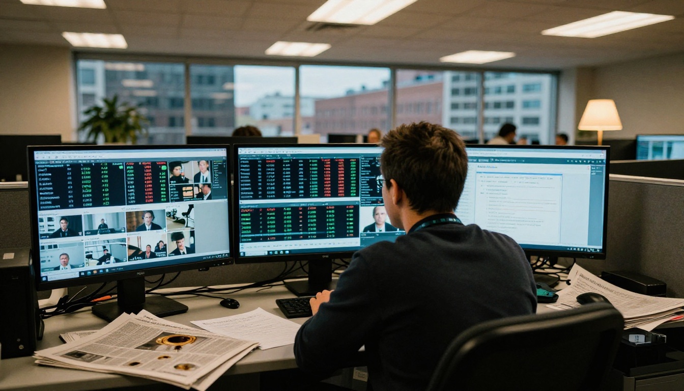 Research journalist monitoring live data across three screens in a busy newsroom