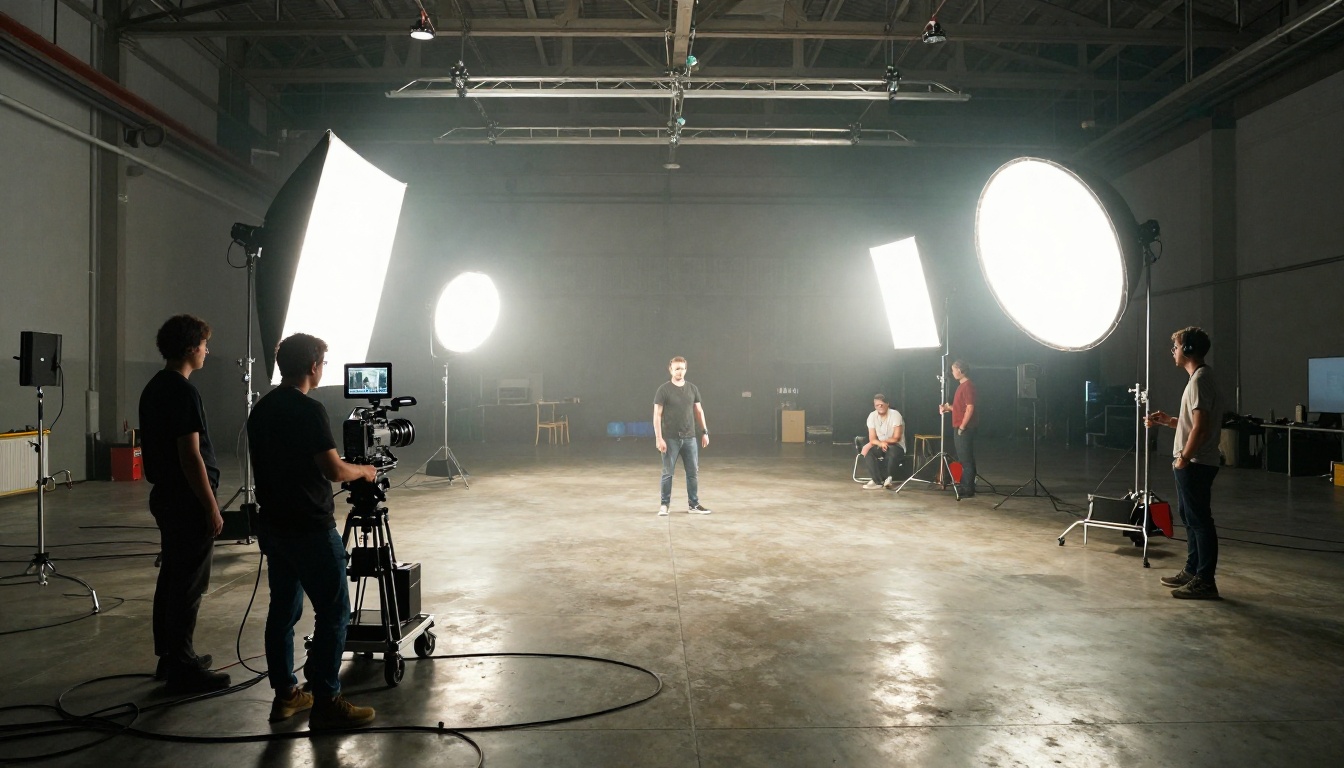 Professional film production set with camera crew and studio lighting