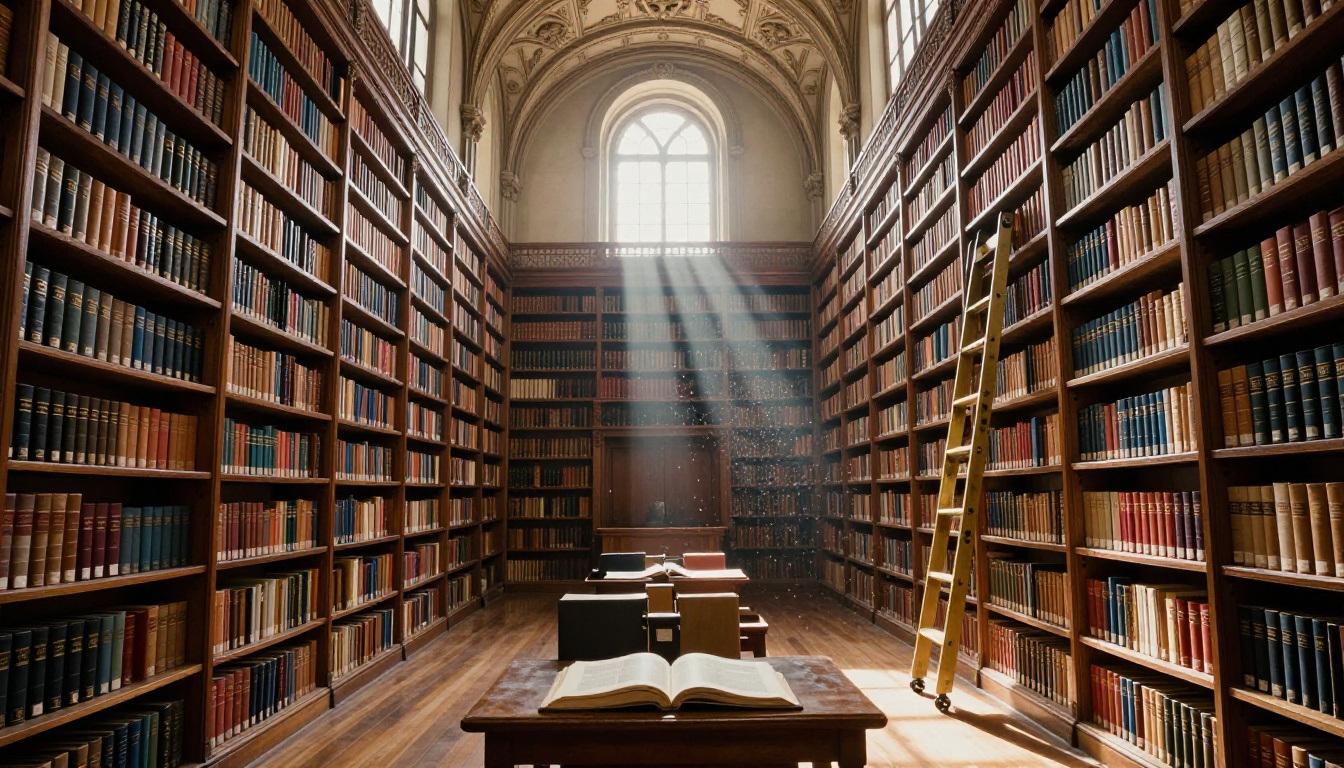 Vast grand library with towering bookshelves representing deep context capacity