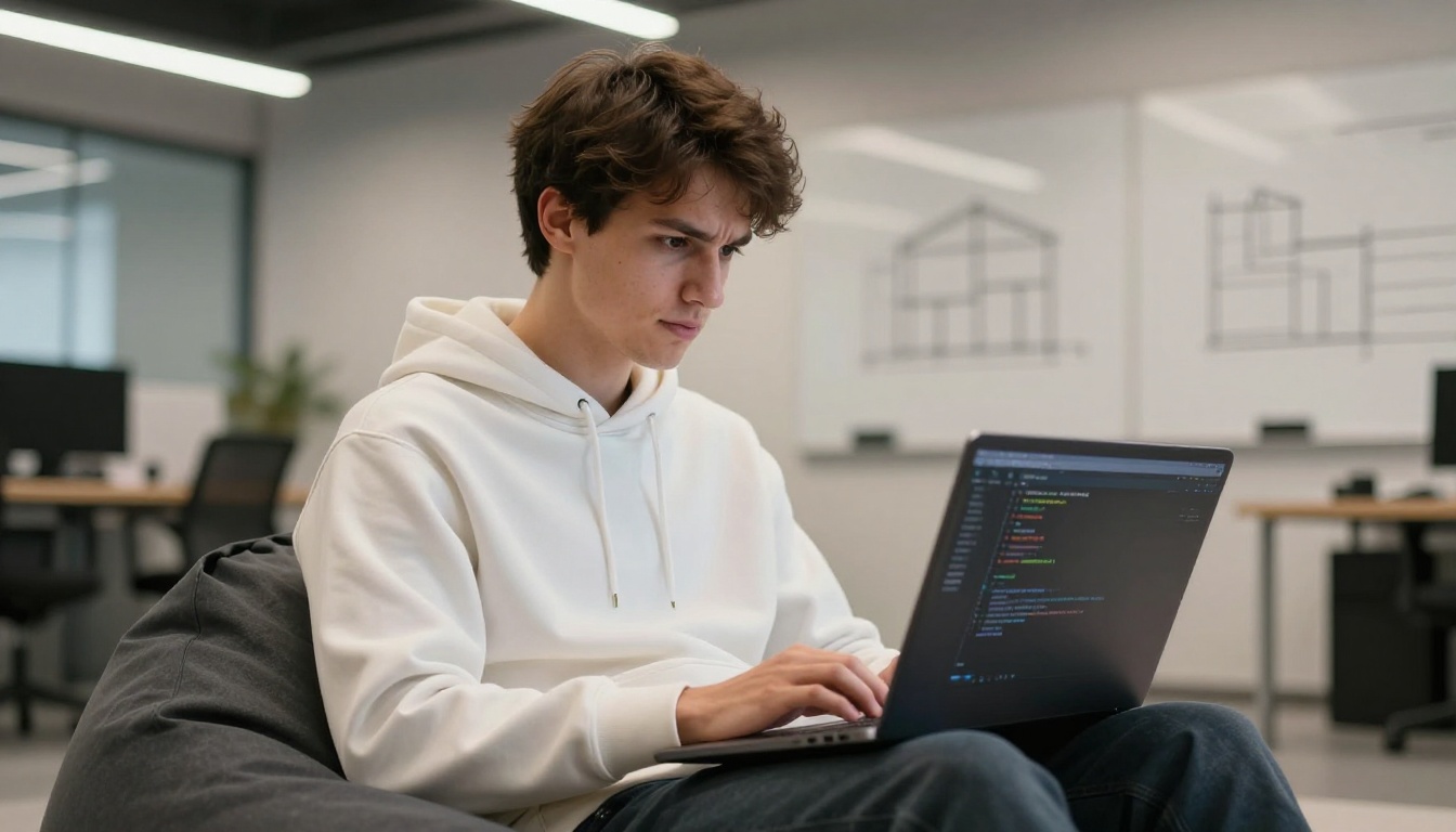 Developer sitting cross-legged on bean bag with laptop in modern tech office